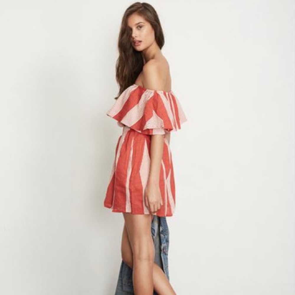 Faithfull the Brand Red Pinstriped Amalfi Off Shoulder Dress